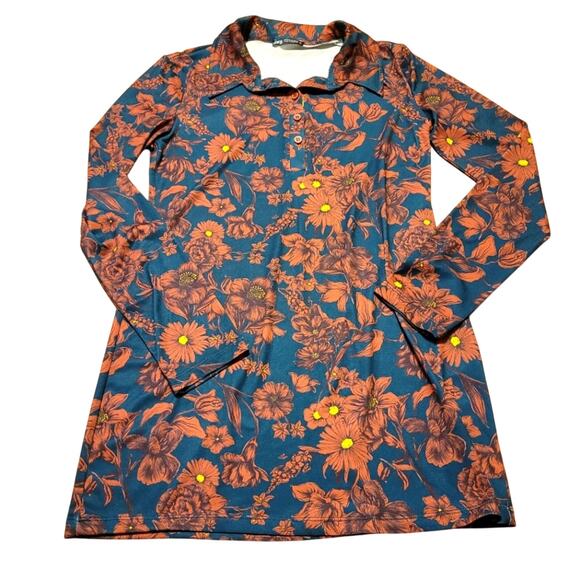 Zara Floral Printed Long Sleeve Polo Dress Size S Boho Hippie Preppy - Picture 1 of 6